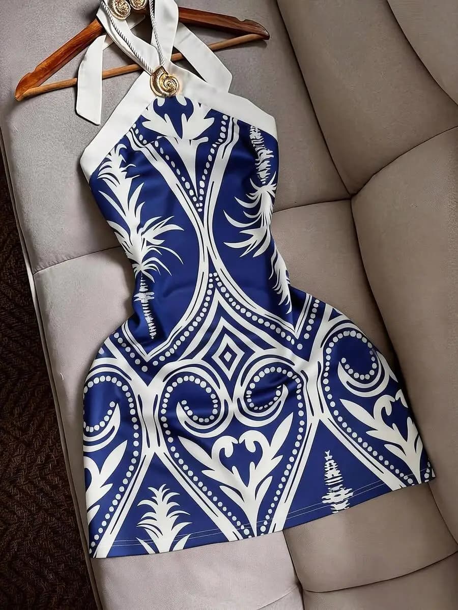 Sexy Fitted Halter Tie Waist Printed Mini Dress For Women Beach Vacation Casual
