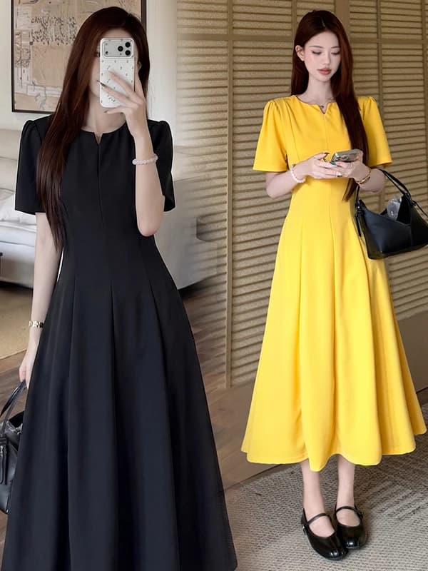 Elegante Abito Nero Stile Hepburn Taglie Forti che Nasconde e Valorizza la Silhouette, Gonna Lunga Estiva Casual Traspirante per Donna