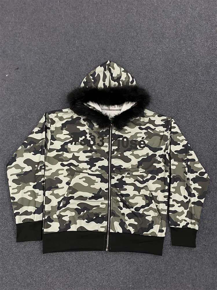 Winter Camouflage Pattern Hoodie women's Warm Fluffy Fur Collar sweatshirt Casual Trendy Hooded zip-up 2025 New woman clothing
