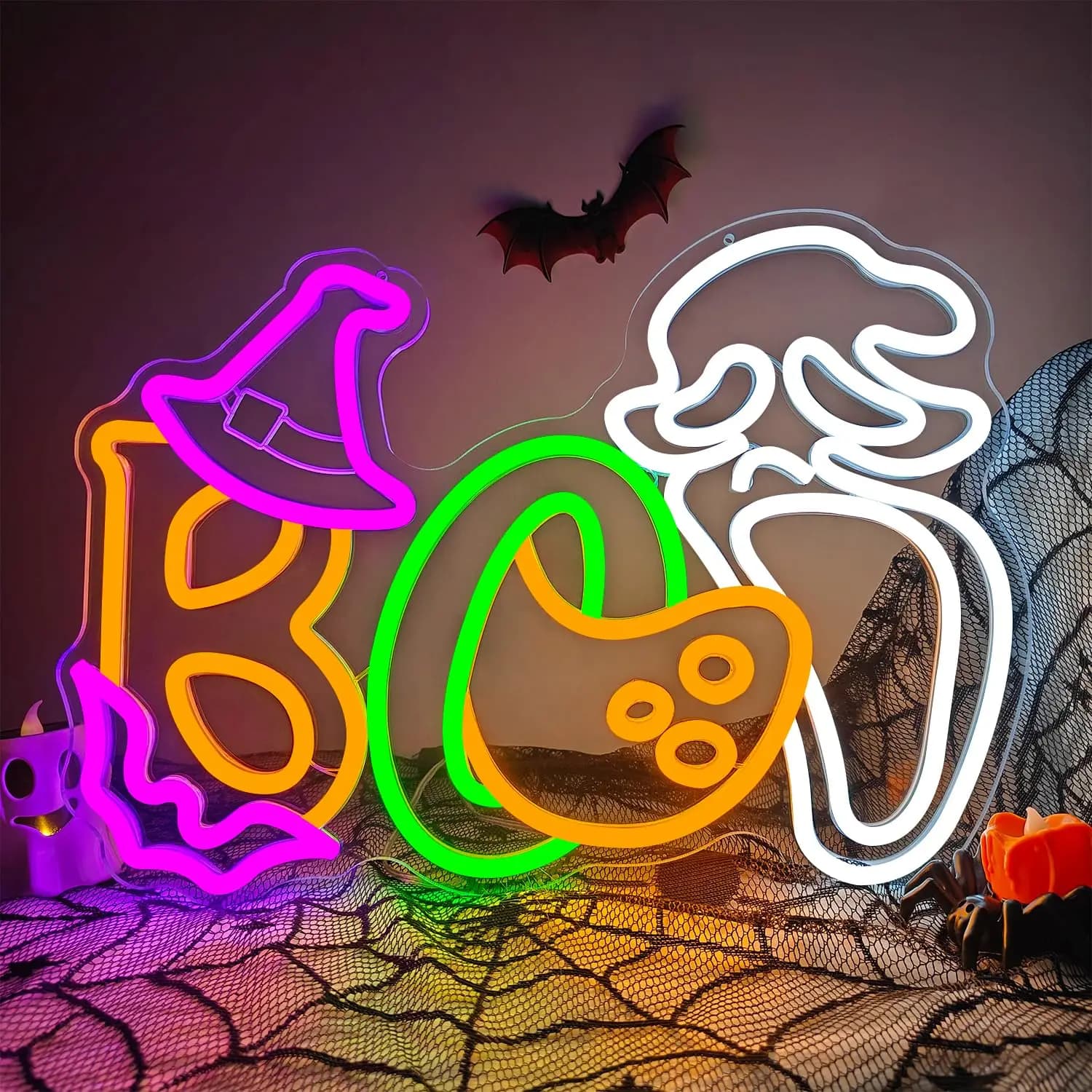 Halloween Boo Fantasma Faccia Insegna al neon per la decorazione della parete Pipistrello Cappello da strega Fantasma Luce al neon per finestra Festa di Halloween Man Grotta Sala giochi