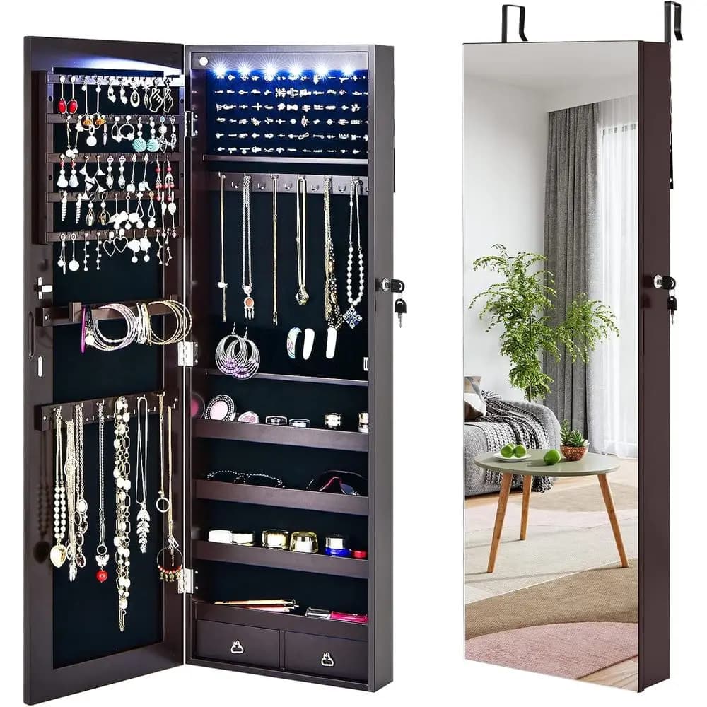 Double-Sided LED Lighted Makeup Armoire with Full-Length Mirror, Lockable Storage for Bathroom & Living Room (Brown)