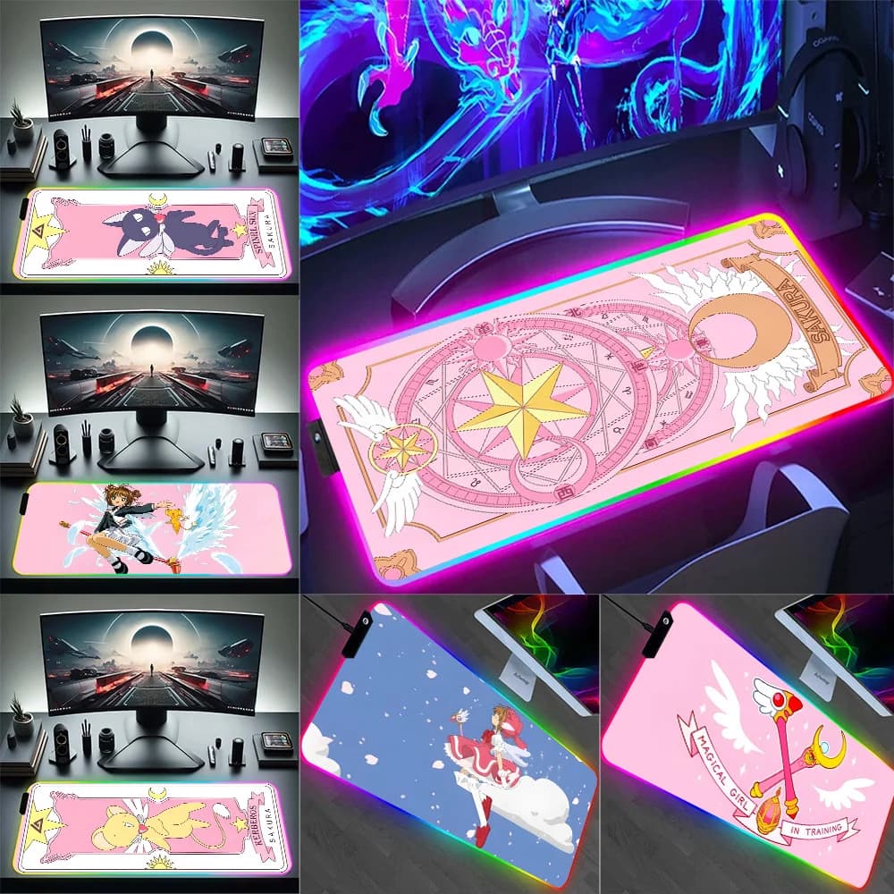RGB Pc Gamer tastiera Mouse Pad Mousepad Anime Cardcaptor Sakura LED incandescente Mouse Mats gomma Gaming Computer Mausepad