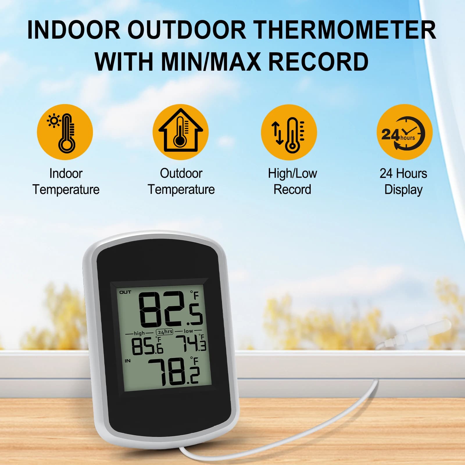 Wired LCD Digital Thermometer External temperature monitor for waterproof interior with minimum/max Probe sensor 2 m for home