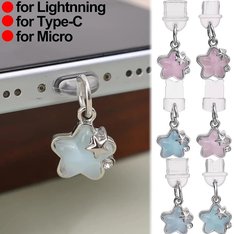 Diamond Star Dust Plug Charm Fashion Ladies Charge Port Plug For iPhone Type C Micro USB Dust Protection Cap Phone Pendant Gift