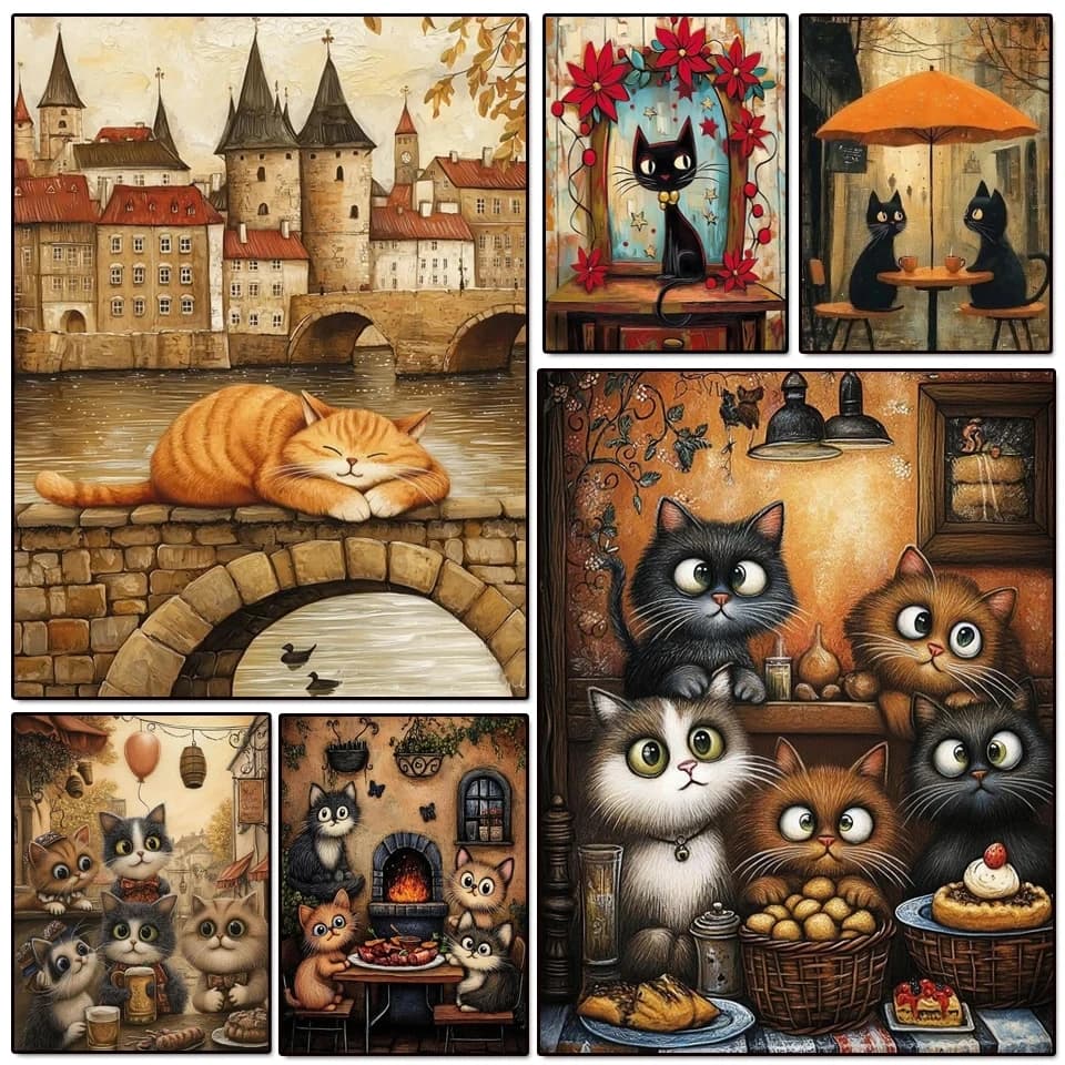 DIY Full Diamond Painting Cute Cartoon Cat Scenery Mosaic Adult Dot Diamond Cross Stitch Set Living Room Bedroom Decorative