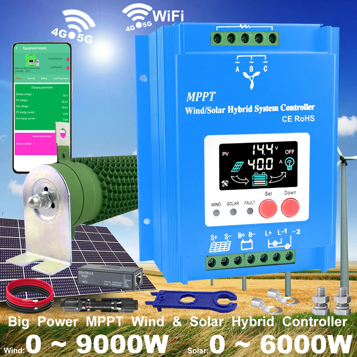 Regolatore di Carica Ibrido Eolico-Solare MARS 12V 24V 48V 3000W con Wifi, MPPT per Pannelli Solari, Turbine Eoliche, Batterie al Litio e al Piombo-Acido