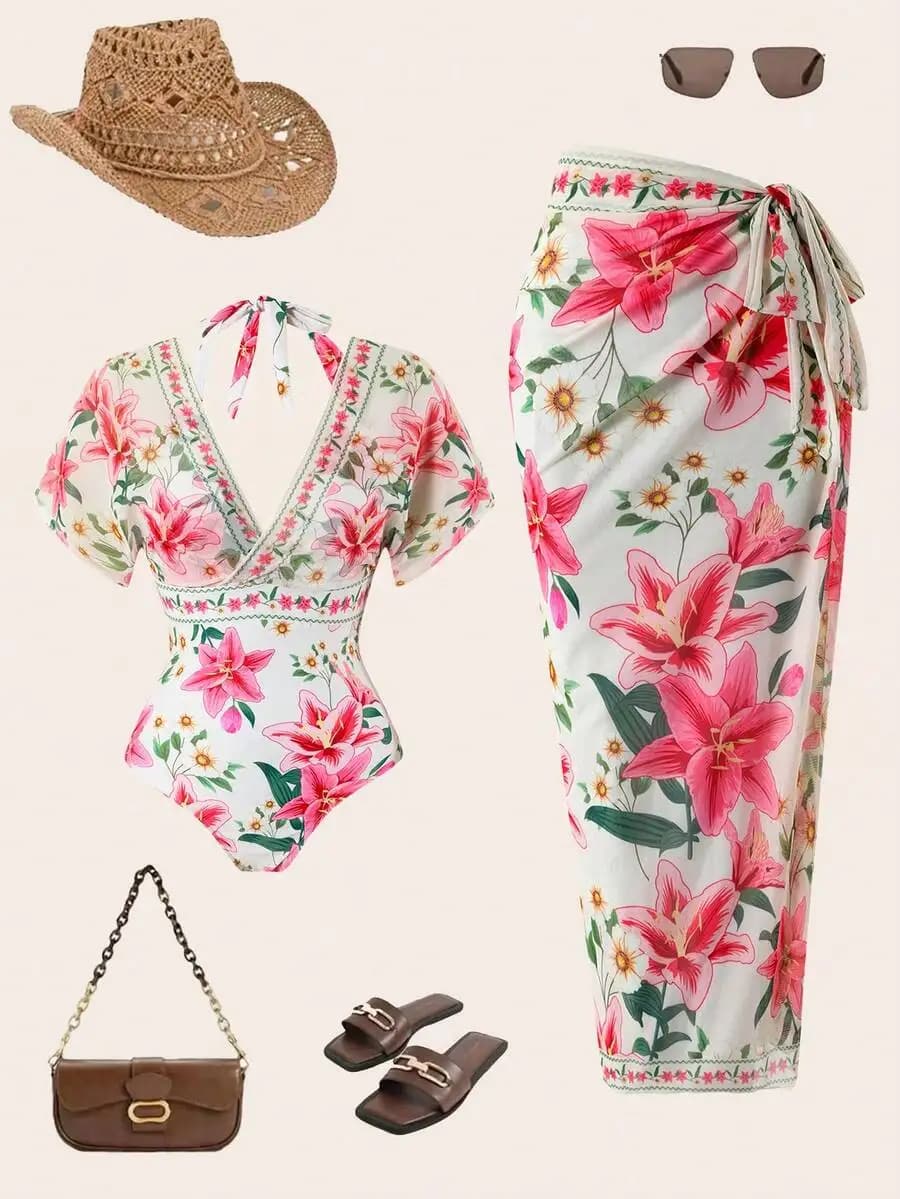 Floral Print One-Piece Swimsuit With Skirt Beach Vacation Set