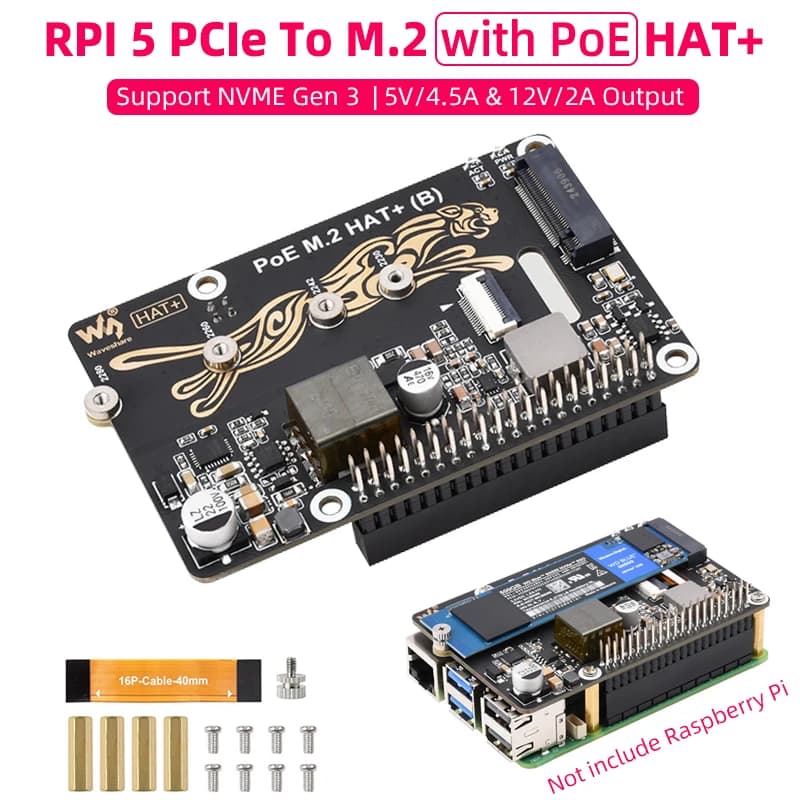 Raspberry Pi 5 PCIe to M.2 with PoE hat (B) Supports NVMe protocol M.2 Solid state unit High-speed reading Writing Pi 5 PoE Hat