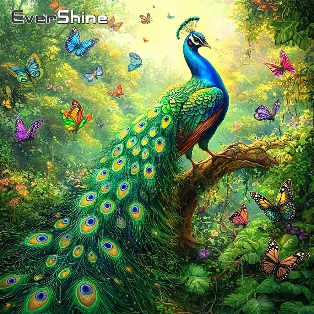 Evershine Quadro Mosaico 5D Fai da Te con Ricamo Diamantato Completo, Strass a Forma di Animale, Pavone e Farfalla, Decorazione per la Casa