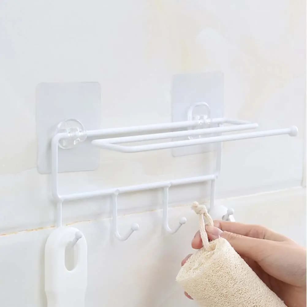 Self Adhesive Iron Storage Rack Kitchen Bathroom Towel Bar Paper Roll Holder Heavy Duty Wall Organizer
