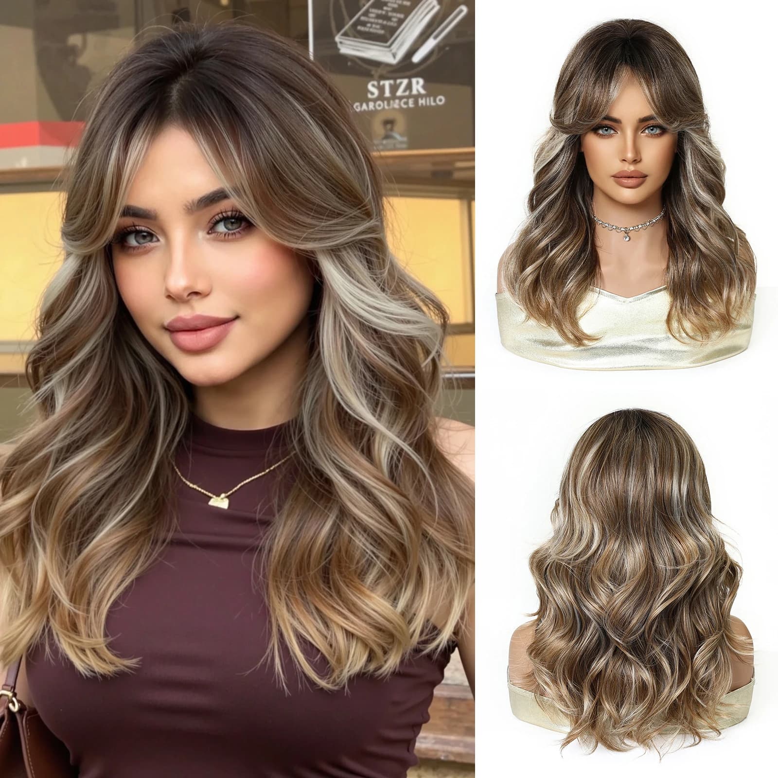 Brown Blonde Highlights Synthetic Wig Medium Length Wavy Wigs with Eight-character Bangs for Women Cosplay Lolita Daily Wigs