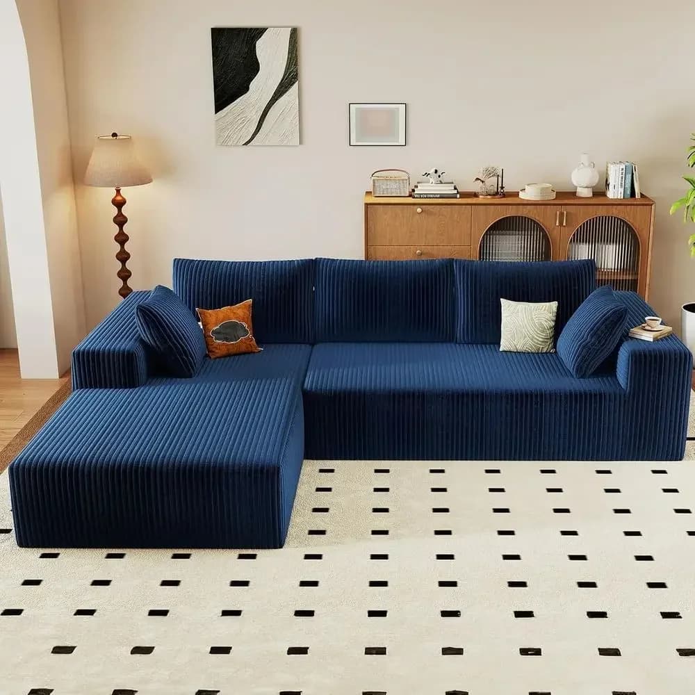 Divano a L da 96 pollici con chaise longue, rivestimento in velluto a coste, imbottitura in memory foam, seduta profonda, pronto all'uso, perfetto per il soggiorno (Blu)