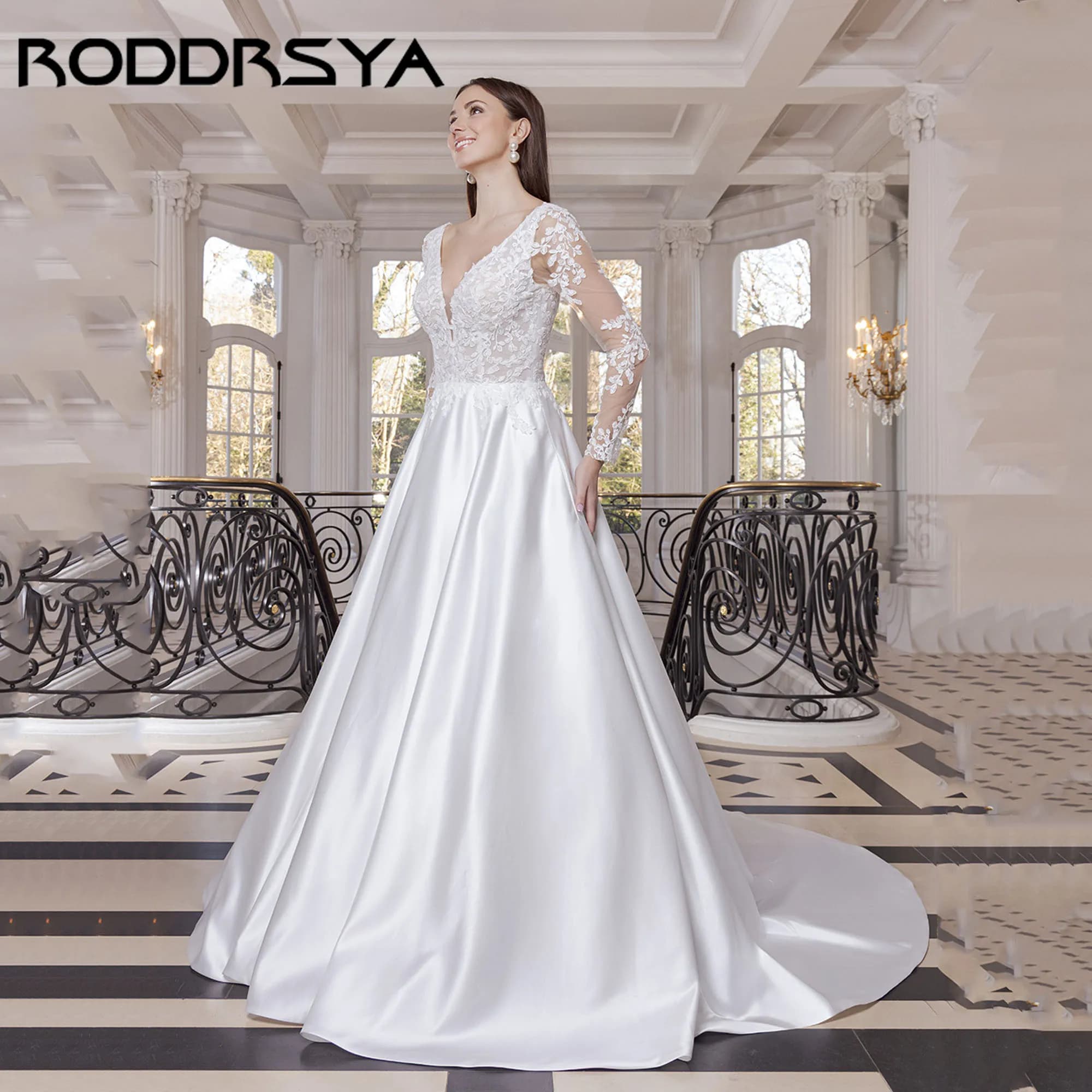 RODDRSYA Abito da sposa a maniche lunghe in raso con applicazioni scollo a V Abito da sposa classico A-line senza maniche vestido de novia 2025 Personalizzato