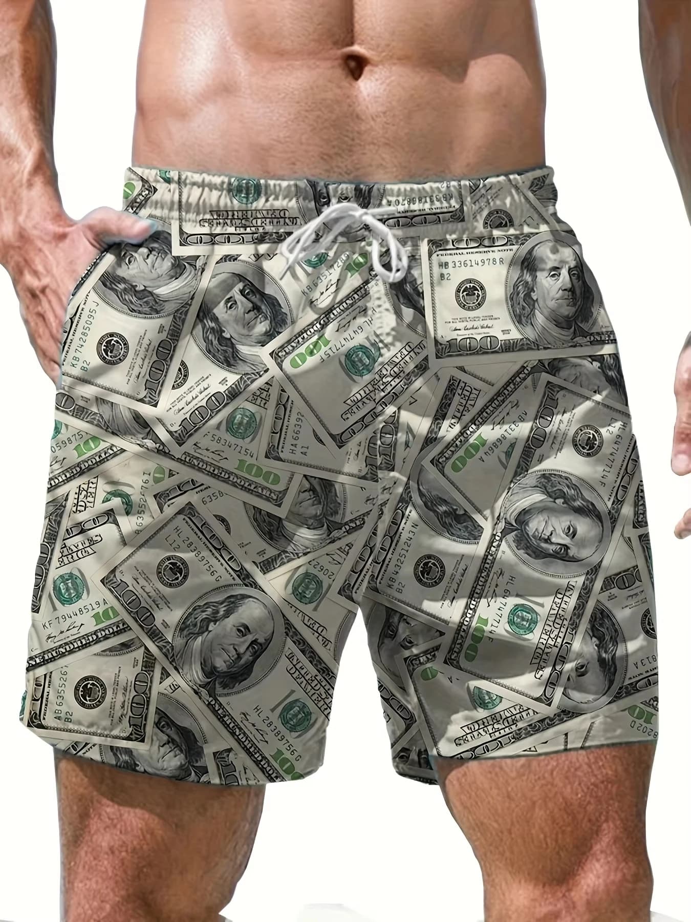 2026 Summer Men's Trendy Money Pattern Shorts with Pockets Casual Breathable Elastic Waist Drawstring Sho
