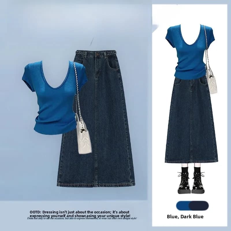 Retro Hong Kong Style Slim Fit Blue Hot Girl Short Sleeve Knitted Top High Waist Jeans Skirt Two Piece Set Women Summer Fashion