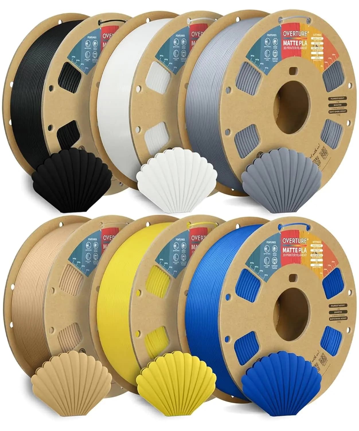 Filamento PLA Opaco per Stampanti 3D 1.75mm, Basso Deformarsi, Confezione da 6 Bobine da 1kg per Stampanti FDM in Colori Assortiti