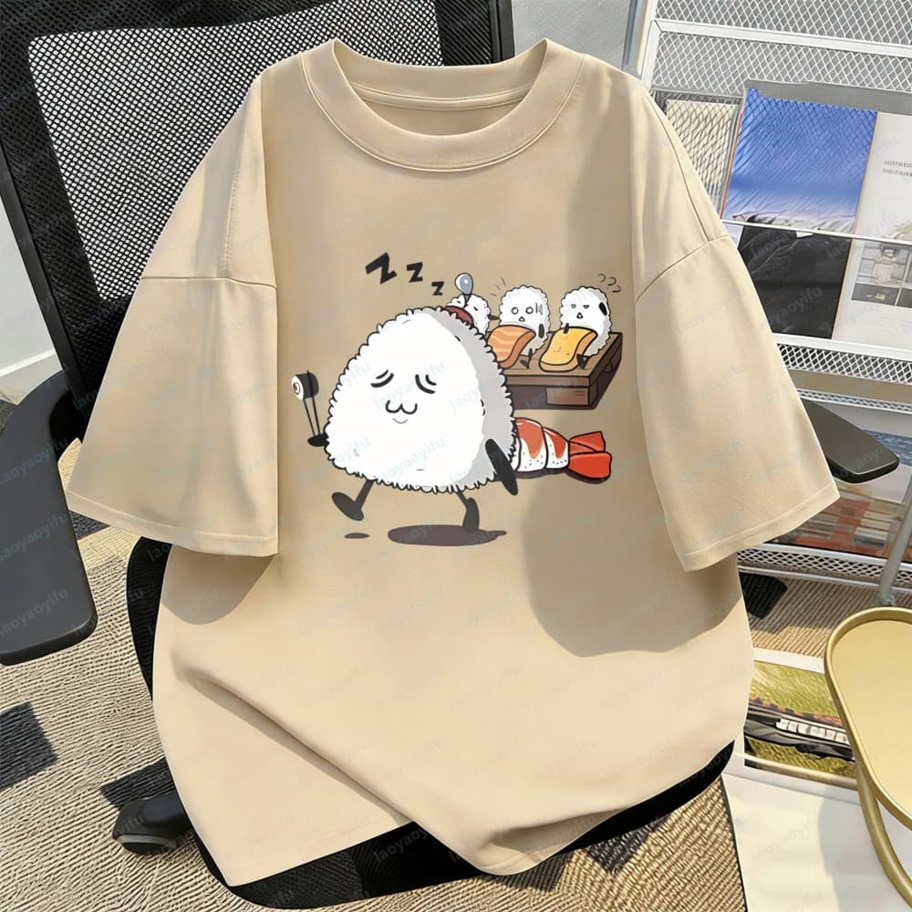T-shirt da uomo e da donna con stampa di simpatici cartoni animati di sushi, divertenti grafiche in stile giapponese, magliette in cotone, top alla moda per ragazze e donne