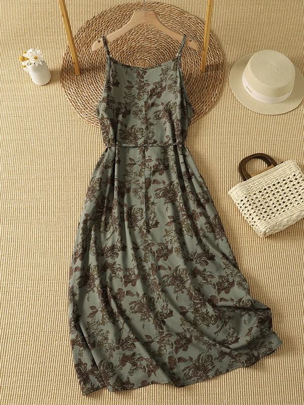 Summer 2026 Vintage Artistic Printed Long Dress Pure Cotton Midi Skirt Belted Waist Strapless Gown Citywalk A-Line Dress