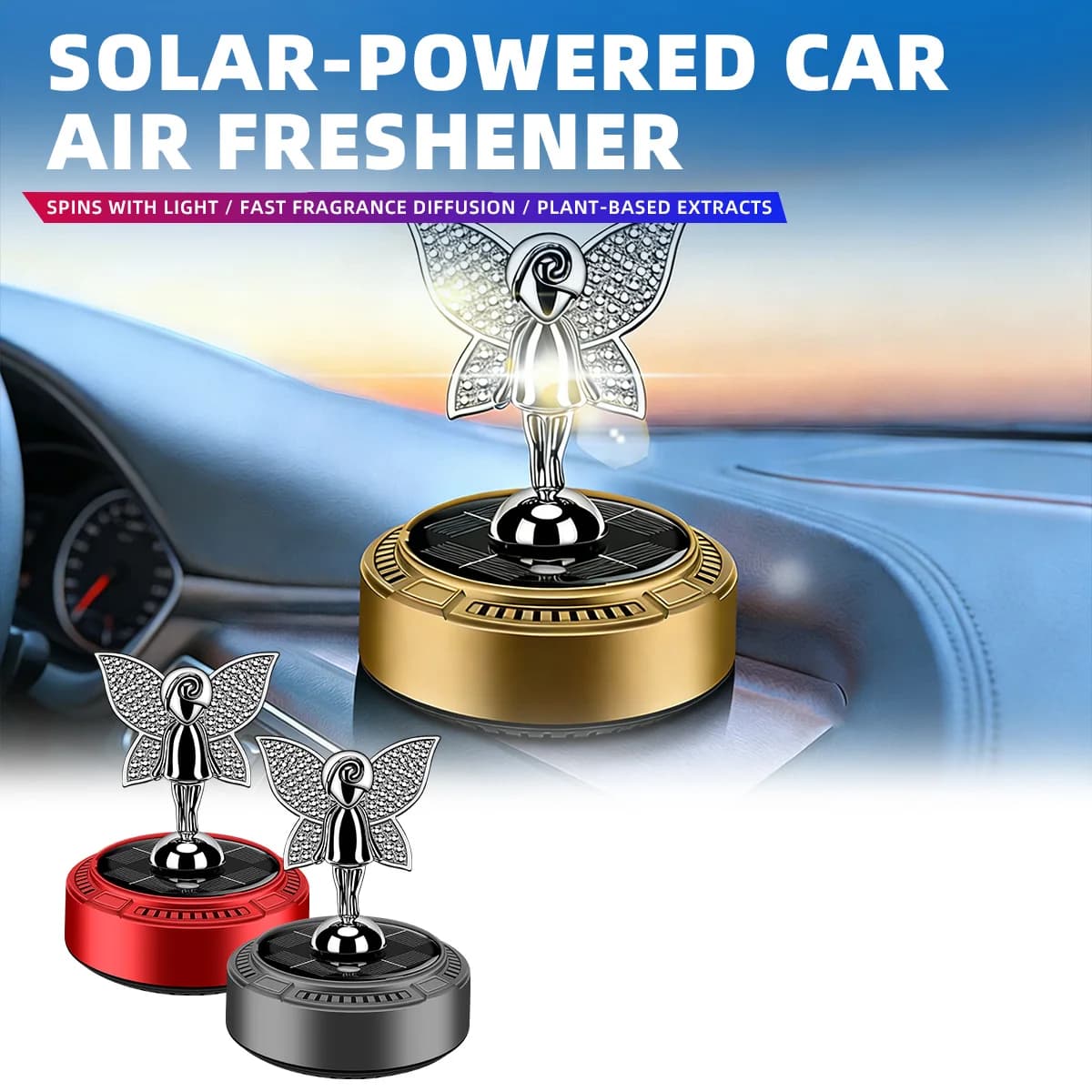 Angel with butterfly wings, scent diffuser for auto solar energy, automatic rotation, car perfumer, car ornaments