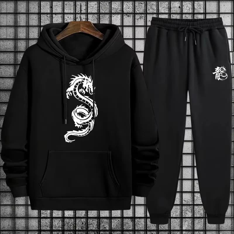 Men's Versatile Sports Set 2025 with Chinese Dragon Print, Hoodie and Jogging Pants for Various Activities, Casual Autumn Winter Sports Suit
