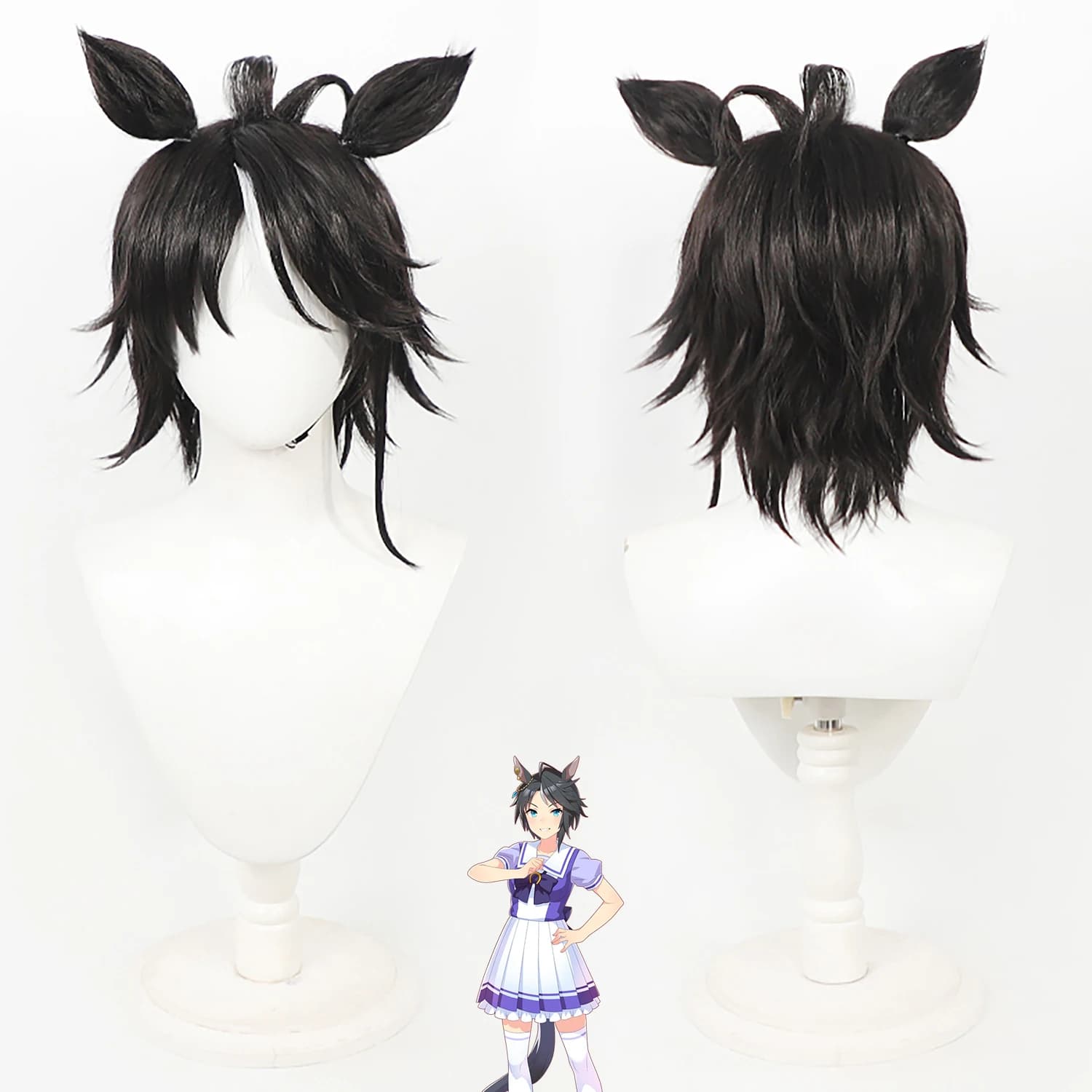 Fuji Kiseki Uma Musume Cos Wig Black Layered Short Hair Heat‑Resistant Synthetic Wig Horse Ears Clip‑on Ponytail Cosplay Party