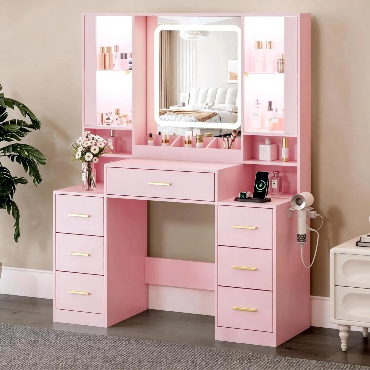 Specchio da Trucco con Luci, Sedia, 7 Cassetti, 2 Armadietti, Asciugacapelli, Illuminazione RGB Regolabile, Bianco Personalizzabile