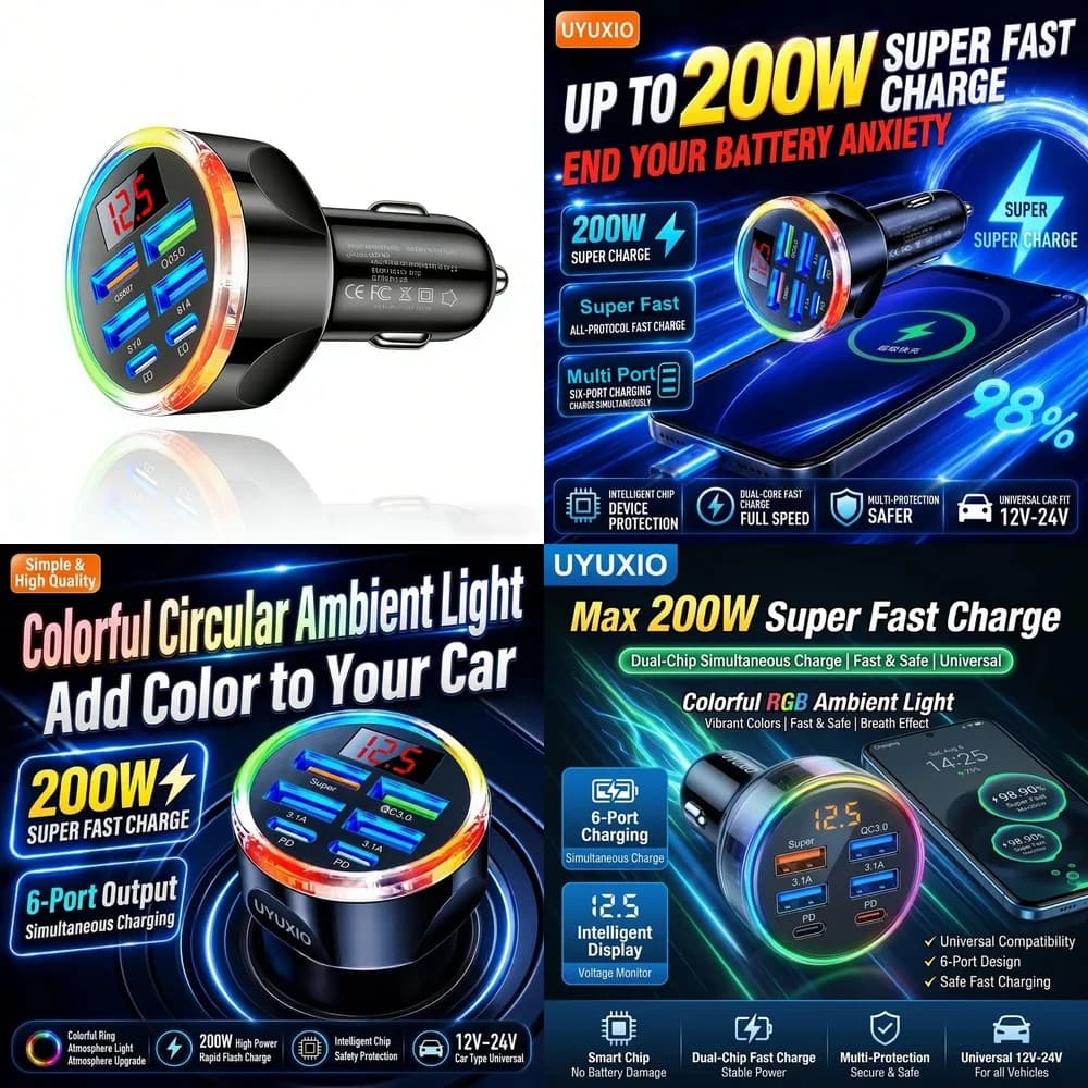 Universal 6 Ports Car Charger Hub Trending for iPhone 18 17 16 Samsung S26 S25 S24 with LED Digital Display RGB Ambient Light
