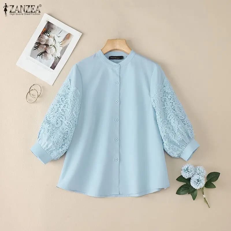 Camicie Eleganti Primaverili ZANZEA, Camicetta da Donna con Inserti in Pizzo, Maniche a Lanterna 3/4, Blusa da Lavoro Estiva, Top Tinta Unita con Bottoni