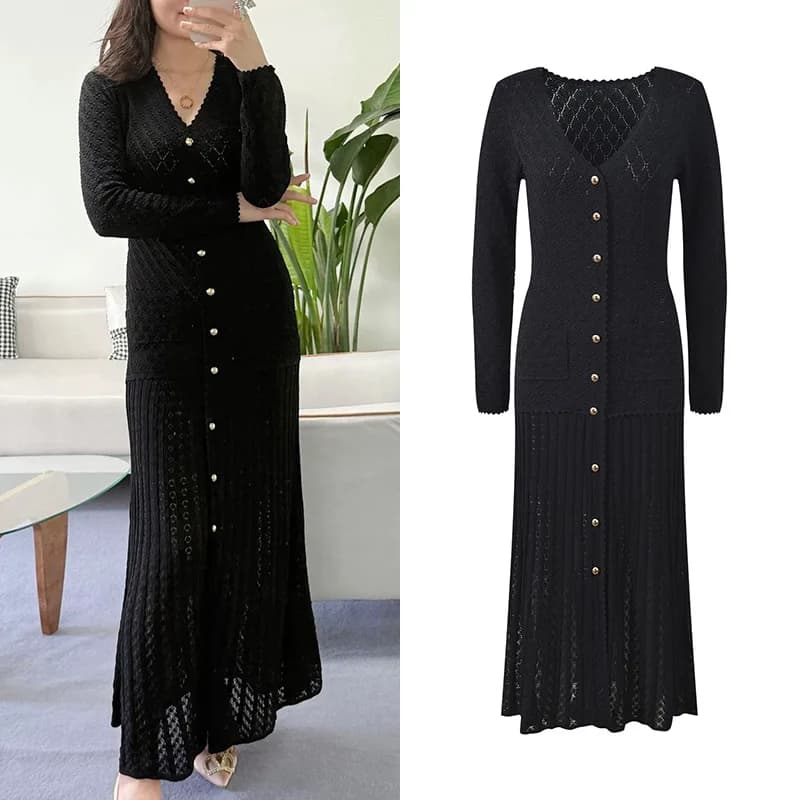 CHUJIE Autunno 2025 Abito nero elegante francese, abito in pizzo all'uncinetto con scollo a V e bottoni sul davanti, abito longuette aderente in maglia elasticizzata slim fit