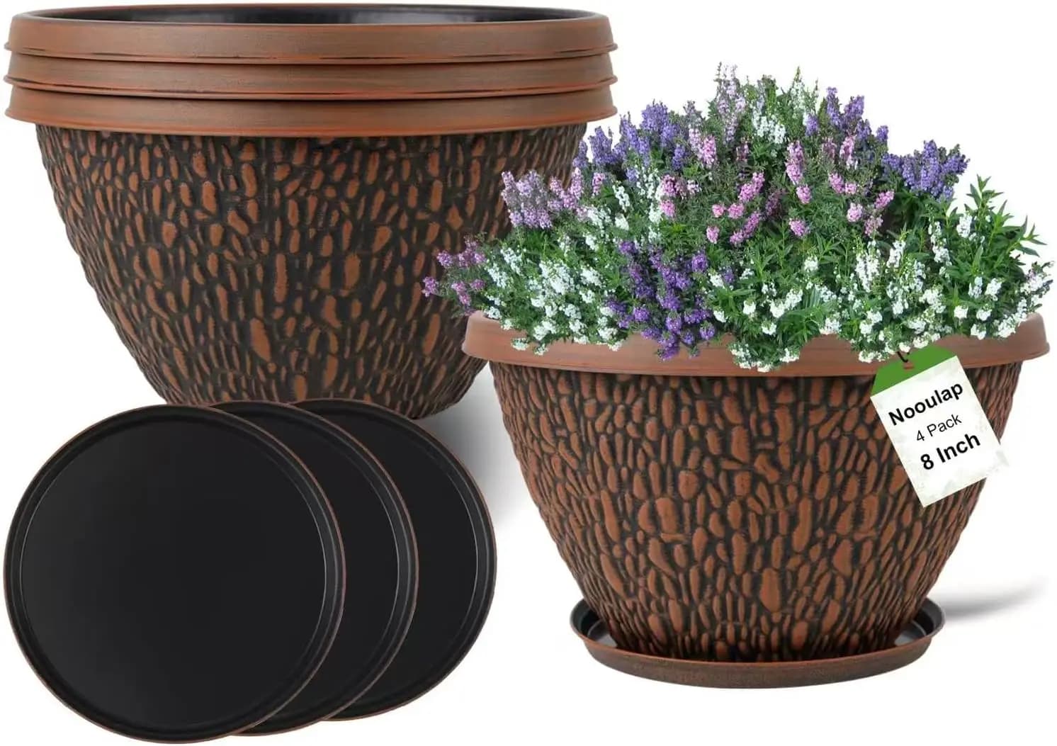 4 Pack 8 Inch Plant Pots with Drainage Holes & Trays, Thickened Plastic Planters for Indoor Outdoor Garden Decor