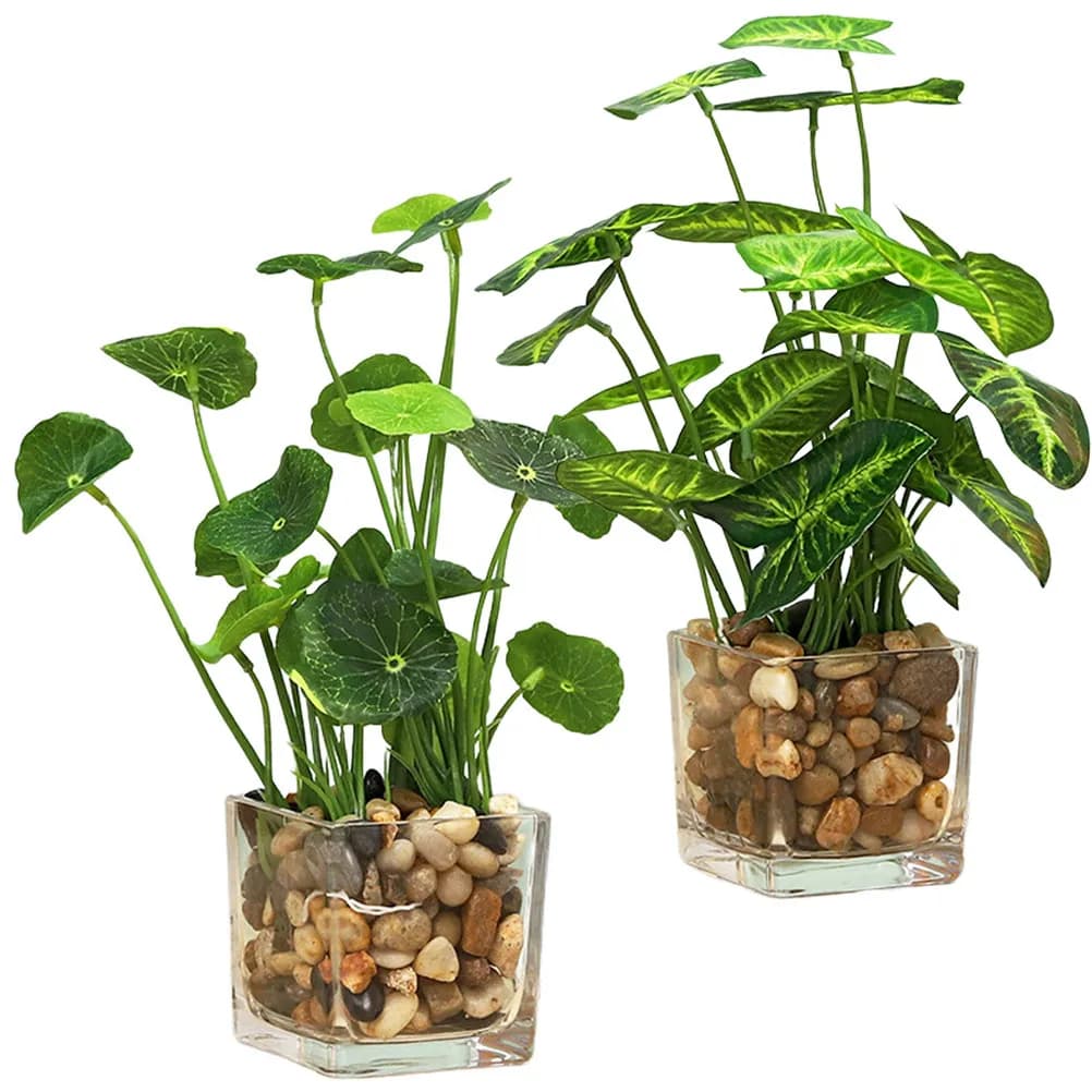 2 Pieces Mini Floor Plants Realistic in Vase with Glass Sheets and Plastic Decorations for Desk, Living Room, Office, Home, Bonsai Decoration