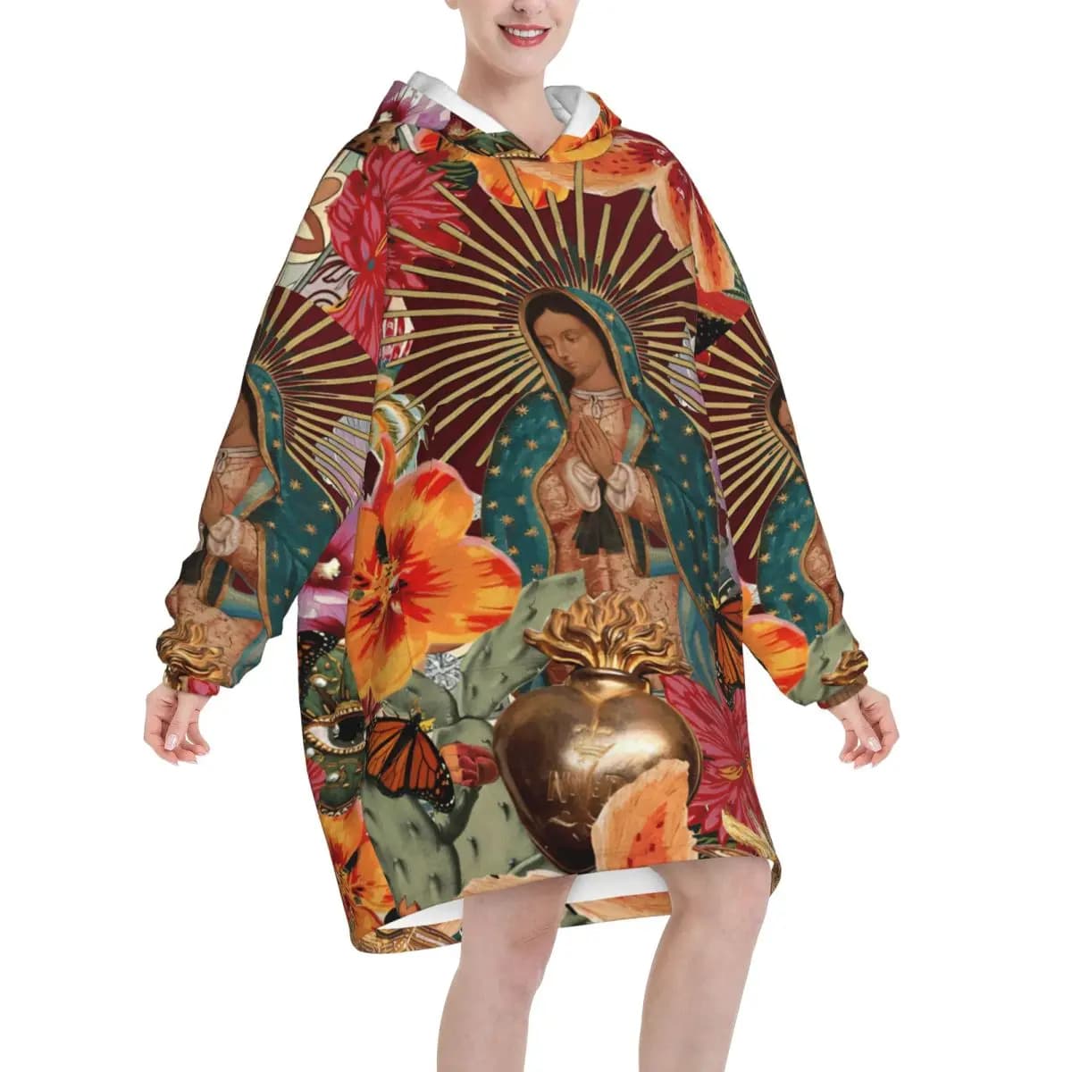 Virgin Our Lady Of Guadalupe Mexican Blanket Hoodie Wearable Blanket Oversize with Pocket Warm Sleeping Bag Soft Cozy Onesie