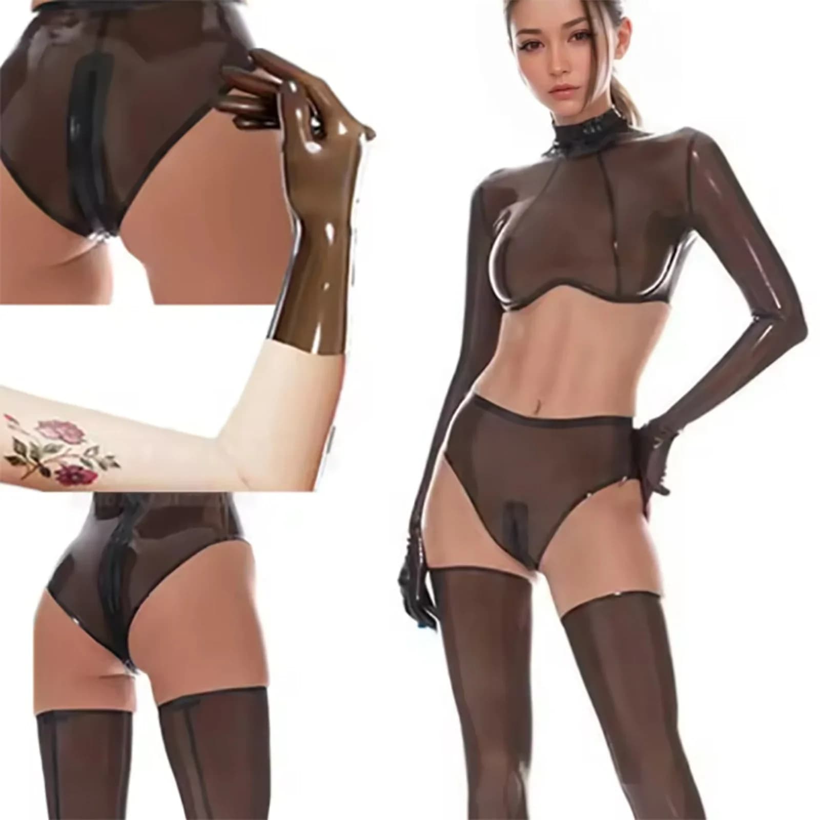 feticcio in lattice Intimo guanti in lattice Lingerie Mutandine di gomma Donna Vita alta perizoma in gomma Stringhe cerniera body femminile