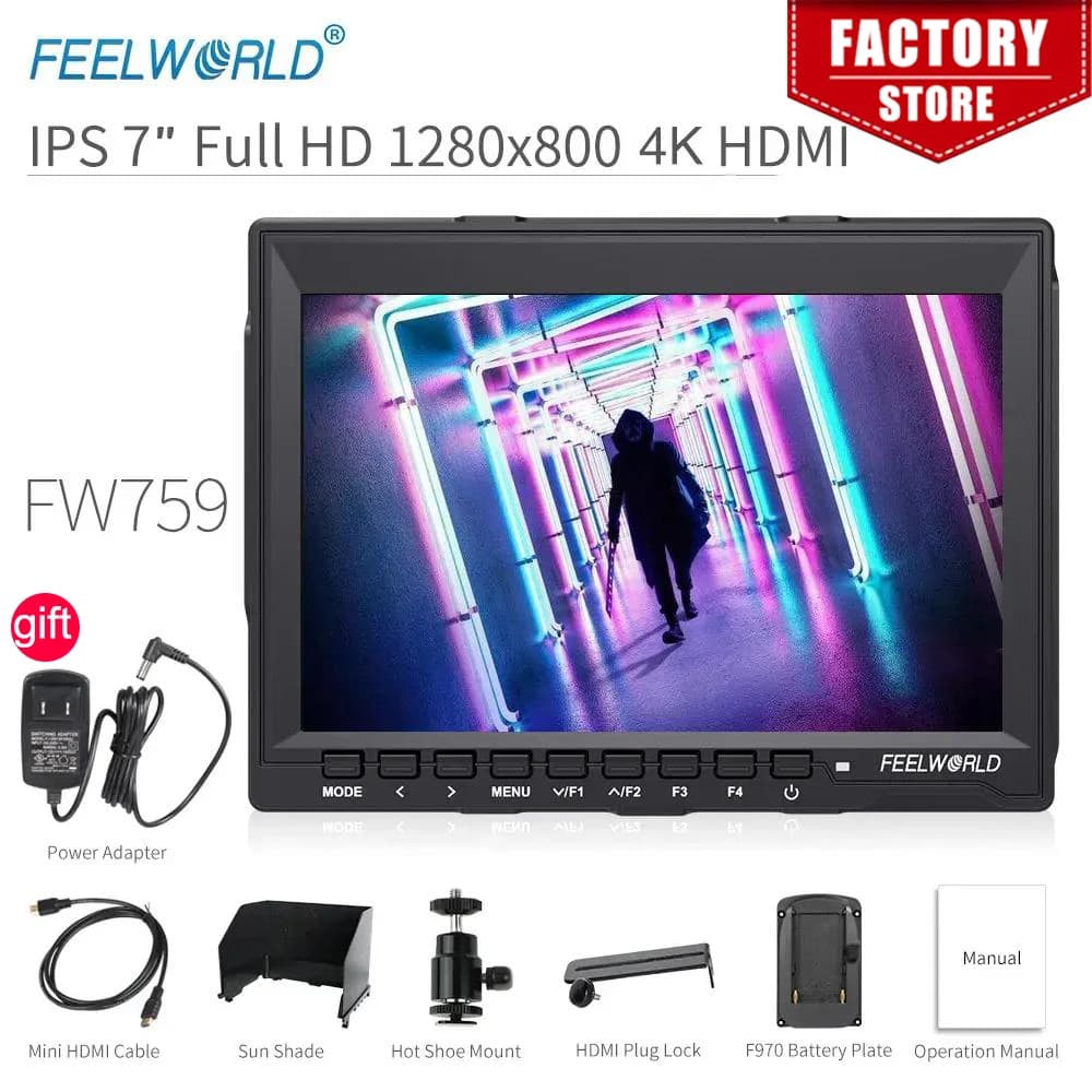 FEELWORLD FW759 7 Inch DSLR camera field monitor 4K HDMI AV input IPS HD 1280x800 LCD display Video Assist Protable for camera