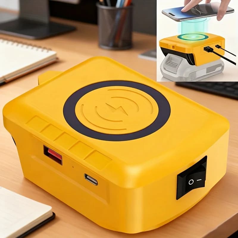 Compatibile con batterie Dewalt 18V/20V, adattatore per ricarica rapida e power bank ad alta potenza. Doppia porta USB-C per vari dispositivi elettronici.