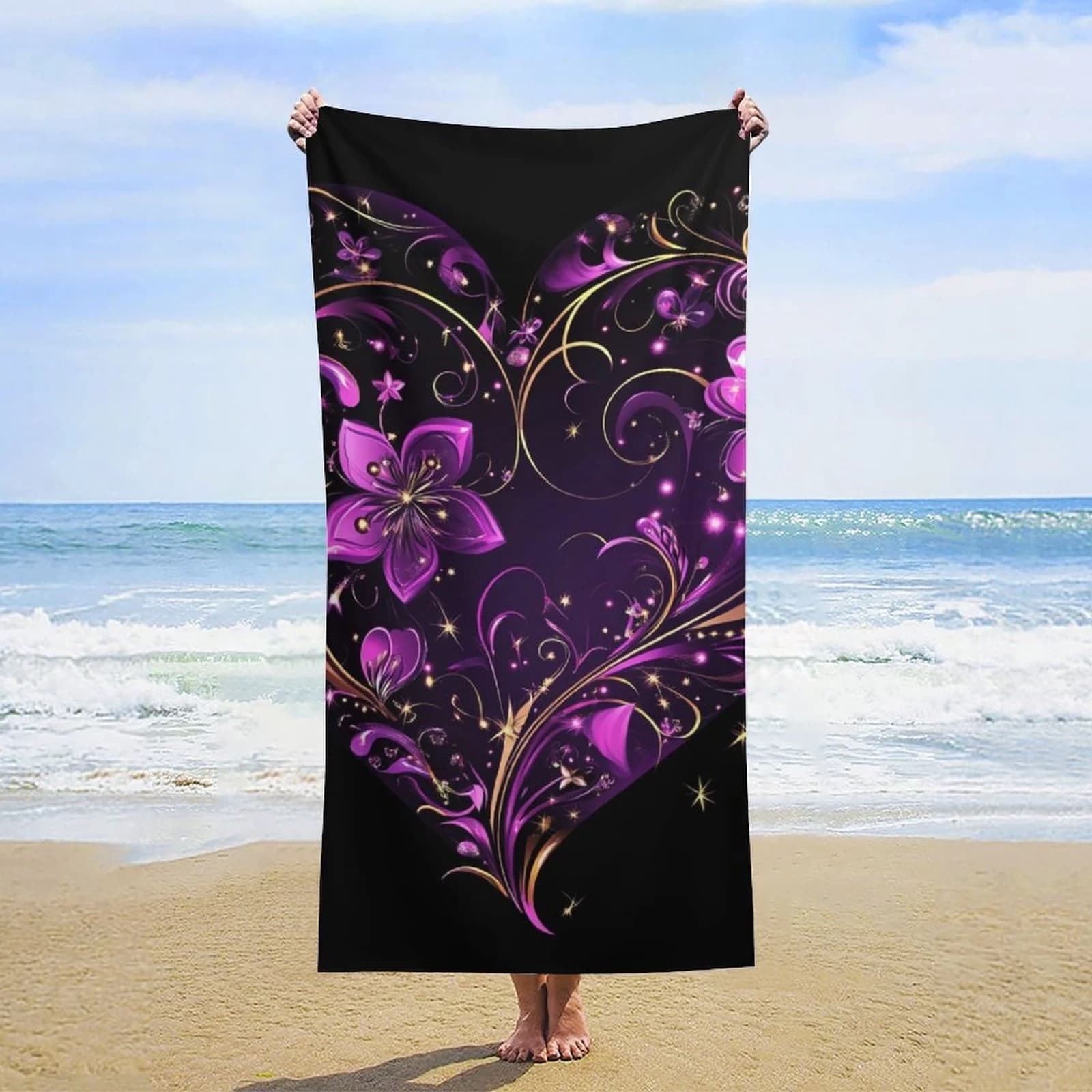 Asciugamano da spiaggia Purple Heart, motivo floreale con rampicanti dorati, regalo romantico per lei, microfibra ad asciugatura rapida, senza sabbia, per viaggi estivi