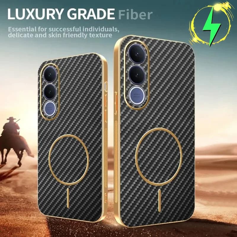 Custodia Protettiva Magnetica in Kevlar con Bordo Dorato di Lusso per VIVO V70FE V60Lite V50 V40SE V30Lite 4/5G, Compatibile con Ricarica MagSafe, in Fibra di Carbonio