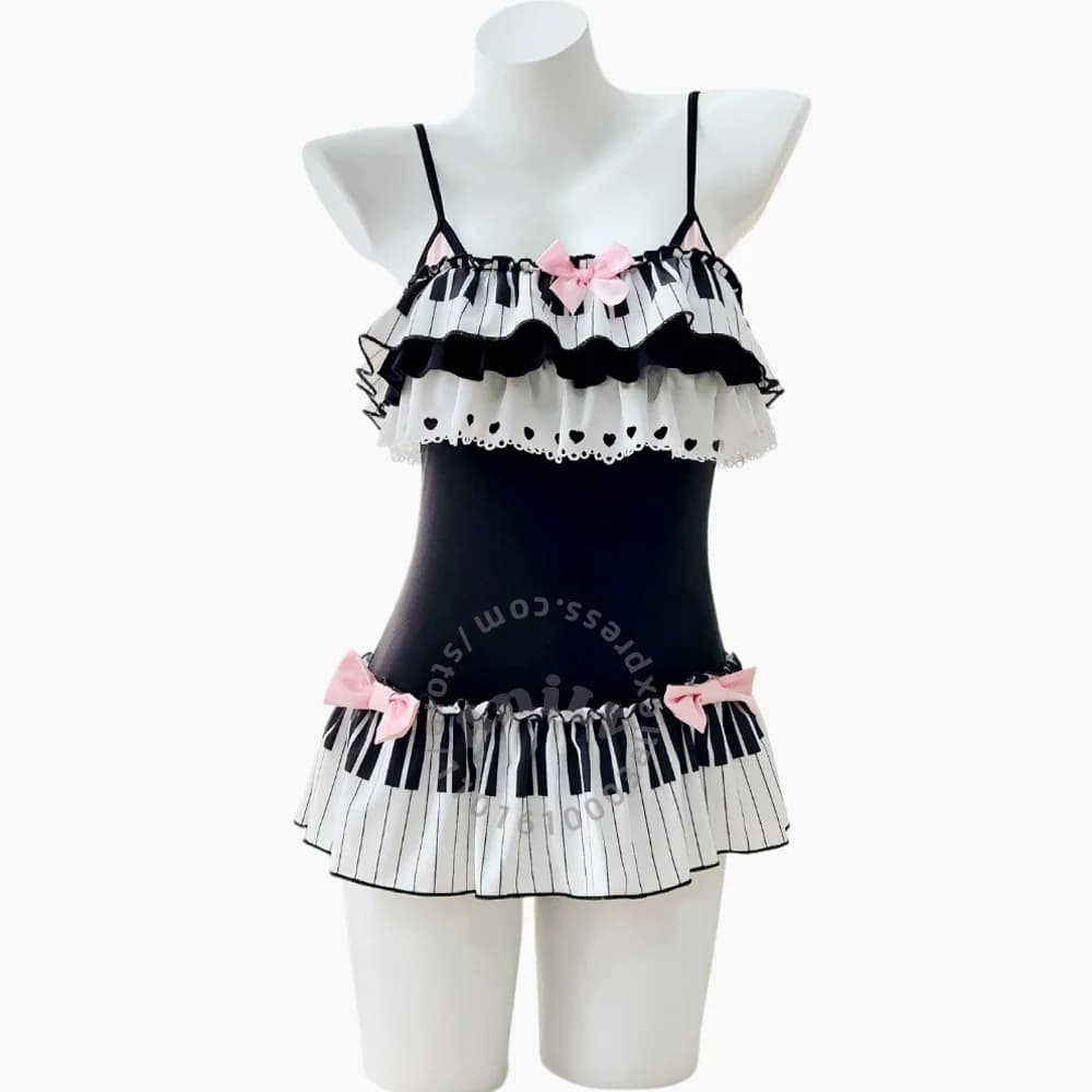 Costume da Bagno AniLV Anime Musicista con Tasti di Pianoforte Bianco e Nero, Costume Cosplay
