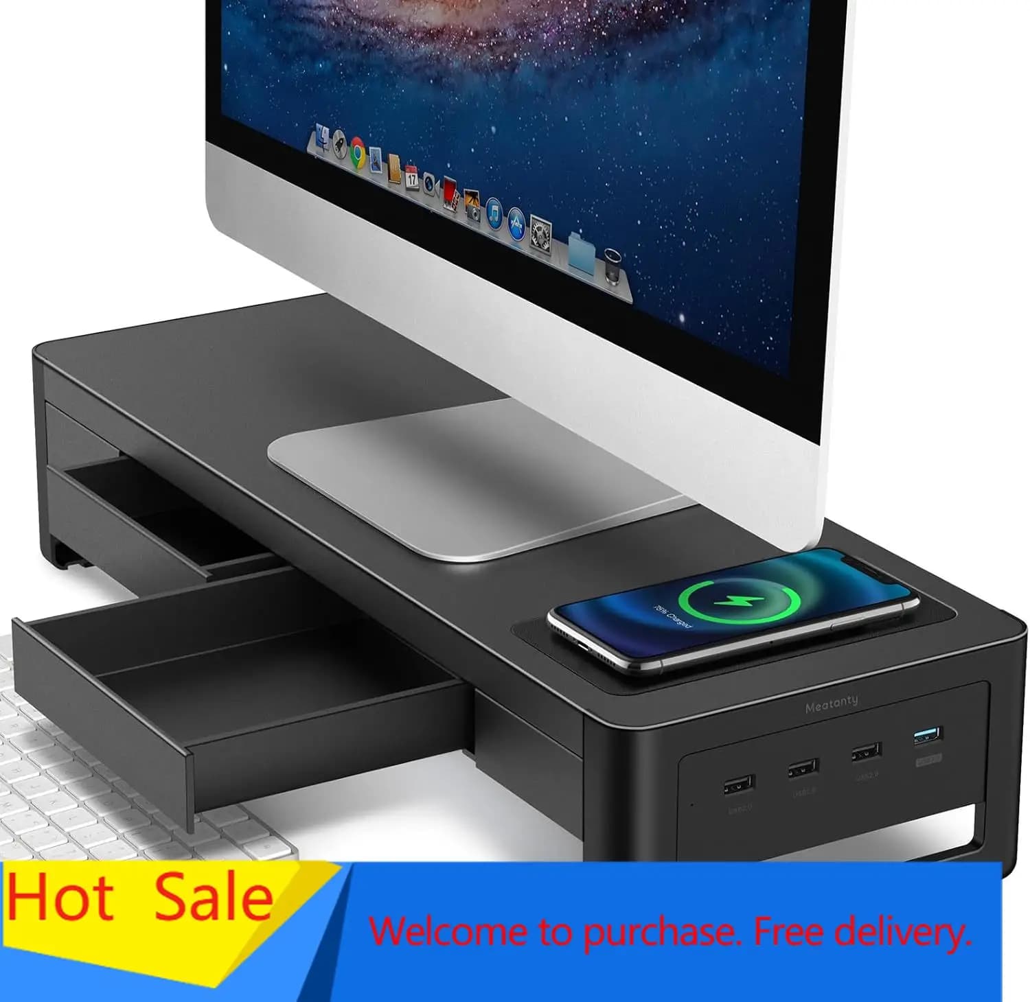 Supporto per monitor 3 in 1 con 2 cassetti, 1 modulo di ricarica wireless e 4 porte USB, supporto per computer in metallo con trasferimento dati