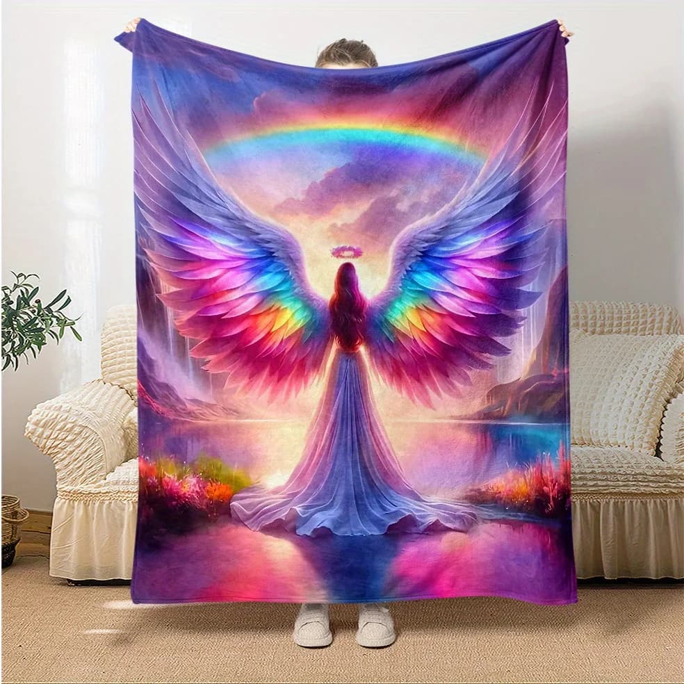 1P Angel with Colorful Wings HD Printed Thin Blanket.Four Season Blankets Suitable for Sofas, Beds, Living Rooms, Travel, Camping, Soft and Nap Office Shawl Blankets, Air-conditioned Blankets, Bed Sheet Blankets, Camping Blankets, Gifts