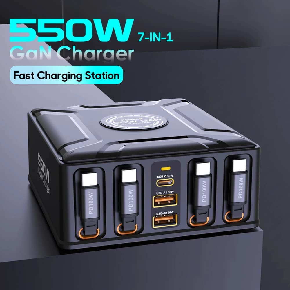 550W 7-in-1 charging station with 100W retractable USB-C cable, quick GaN charger for MacBook Pro, iPhone 17, Samsung, laptop and tablet