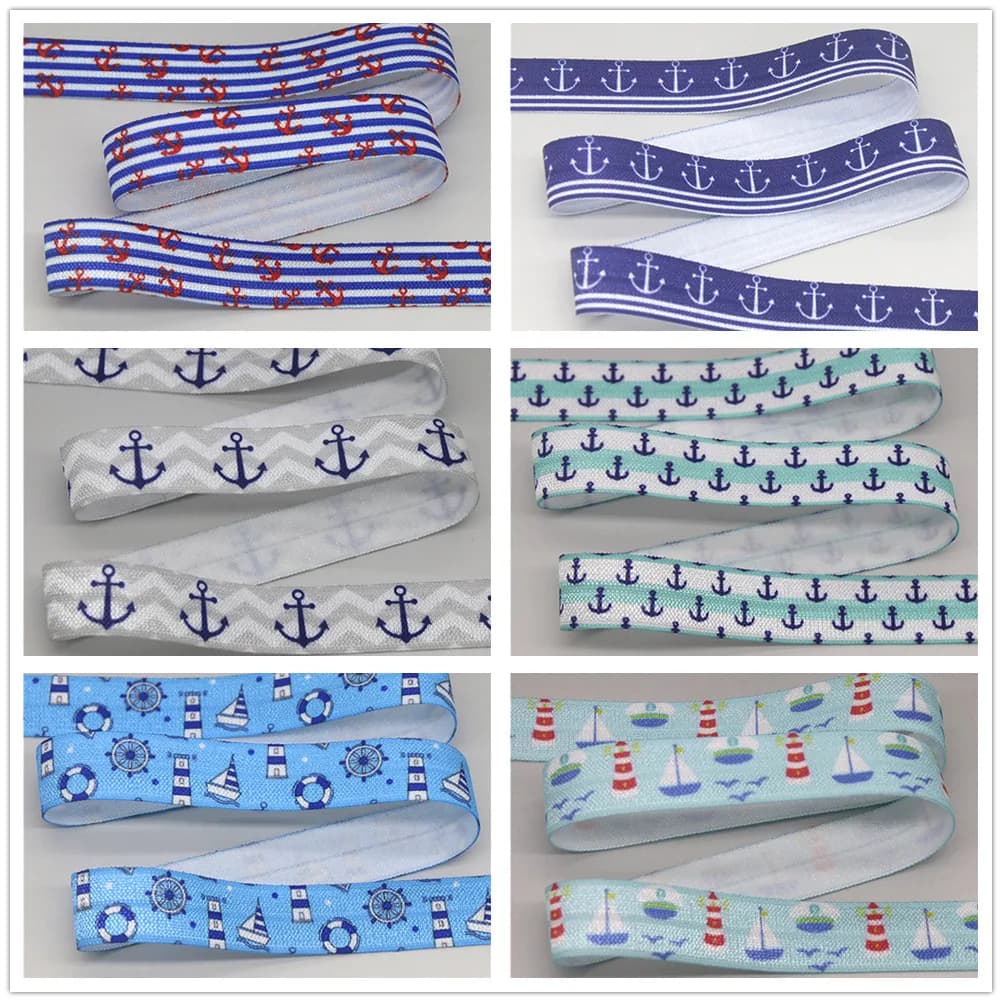 DHK 5/8 ''50 metri Navy Anchor Sea Boat Stampato Piega Elastica FOE Nastro Elastico Hairbow Copricapi Fascia FAI DA TE OEM 15mm S1637