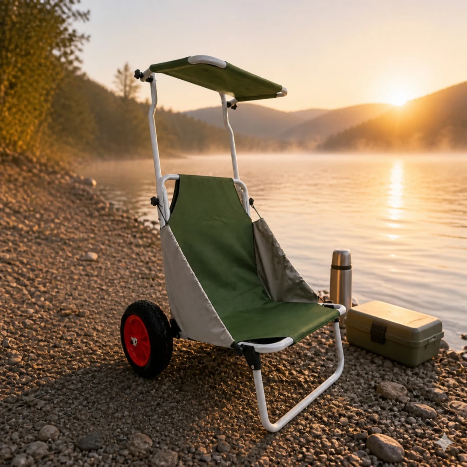 Foldable Outdoor Cart Chair with Rear Cargo Net and Sun Visor for Camping Fishing Park Lightweight Wheeled Seating