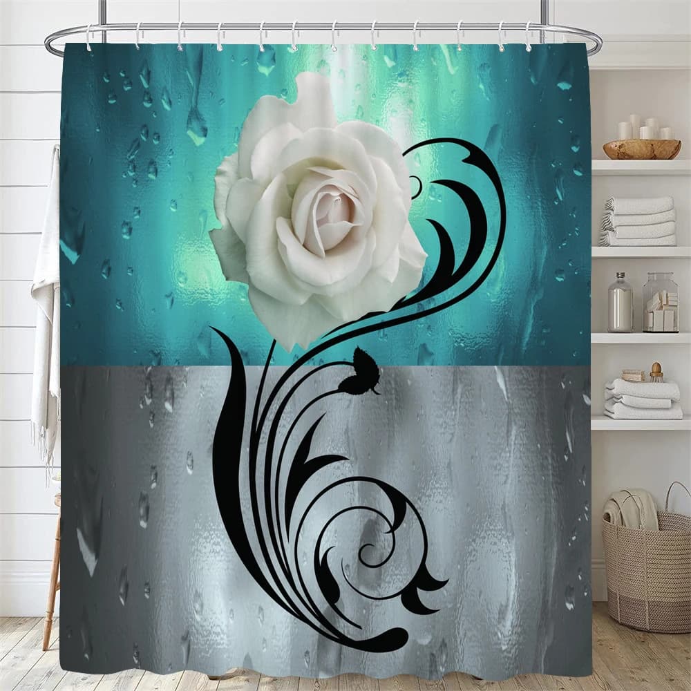 Tenda da doccia con stampa floreale artistica, tenda lavabile in poliestere con gancio, tenda decorativa per bagno, tende da doccia floreali con rose 3D