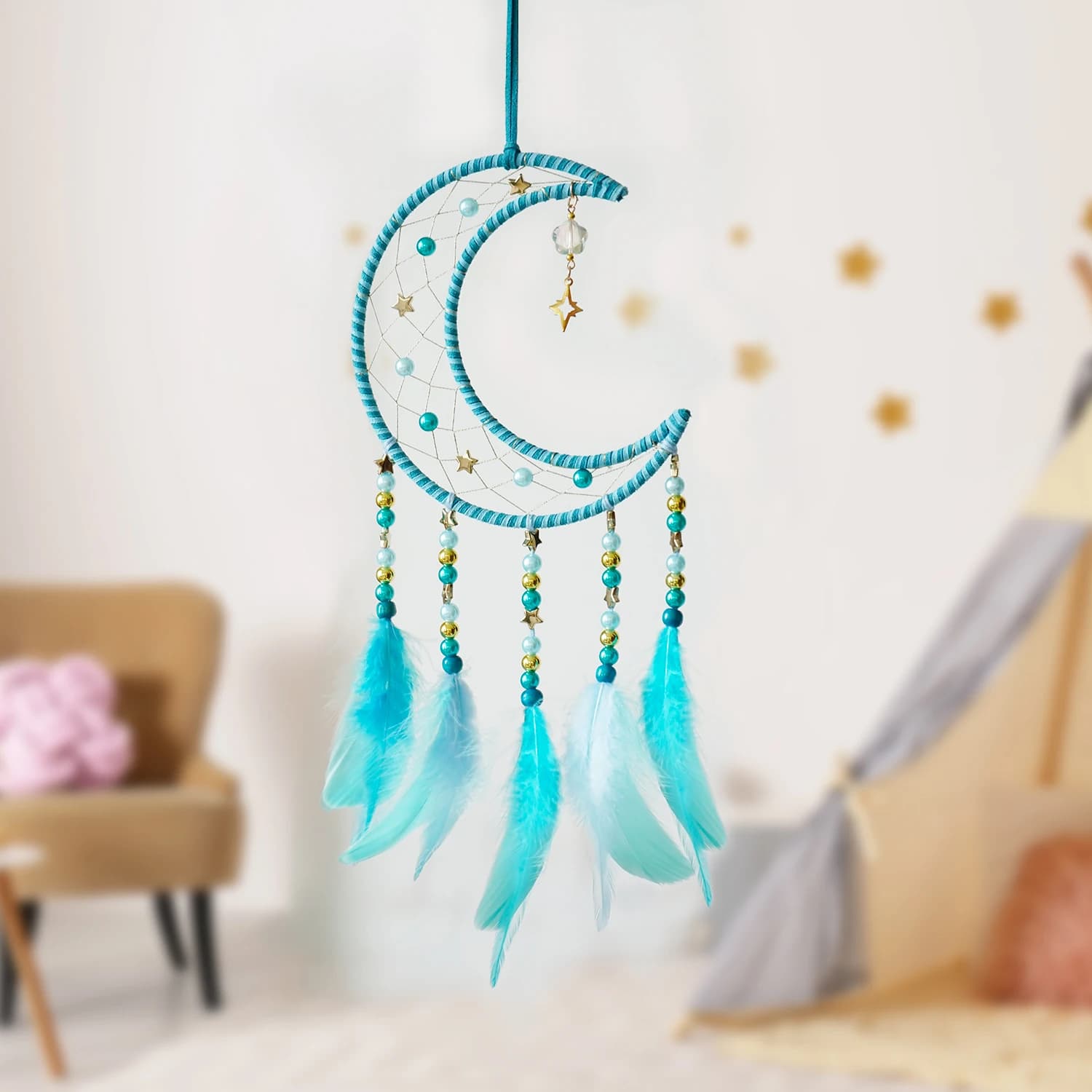 Handmade Blue Crescent Moon Dream Catcher with Feathers Bohemian Wall Art for Girls Room Decor Wind Chimes Window Hangings Gifts