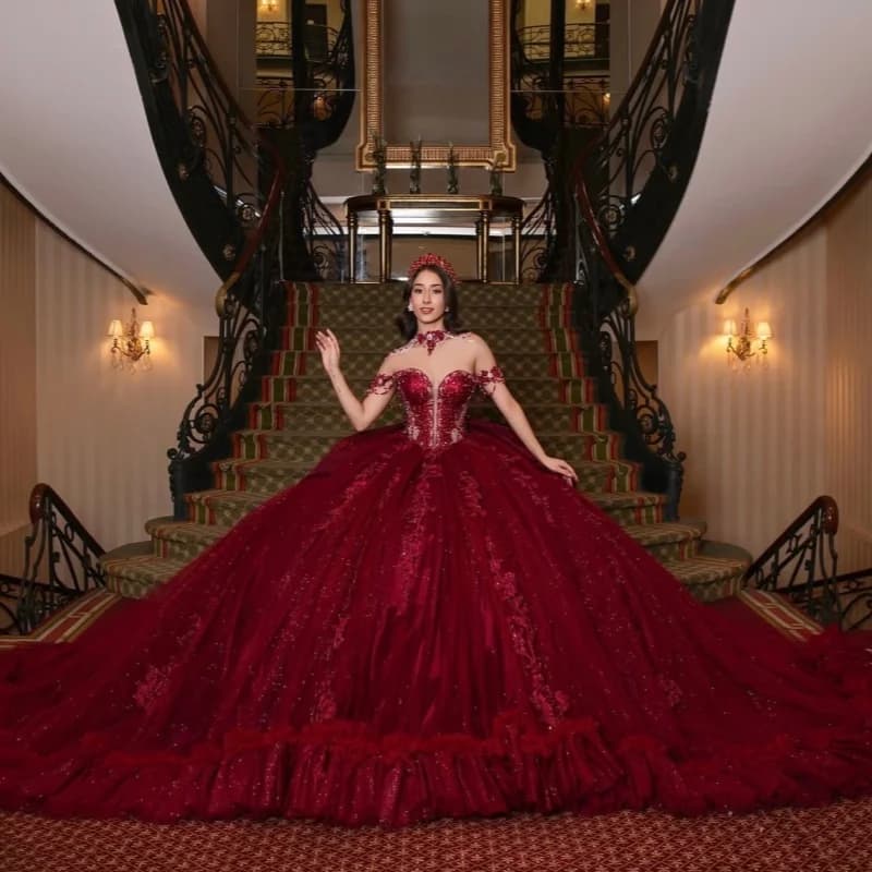 Wine Red Quinceanera Dress Crystal Glitter Flowers Decal Ruffles Long Tail Bow off-shoulder Vestidos De 15 Quinceanera Customiz