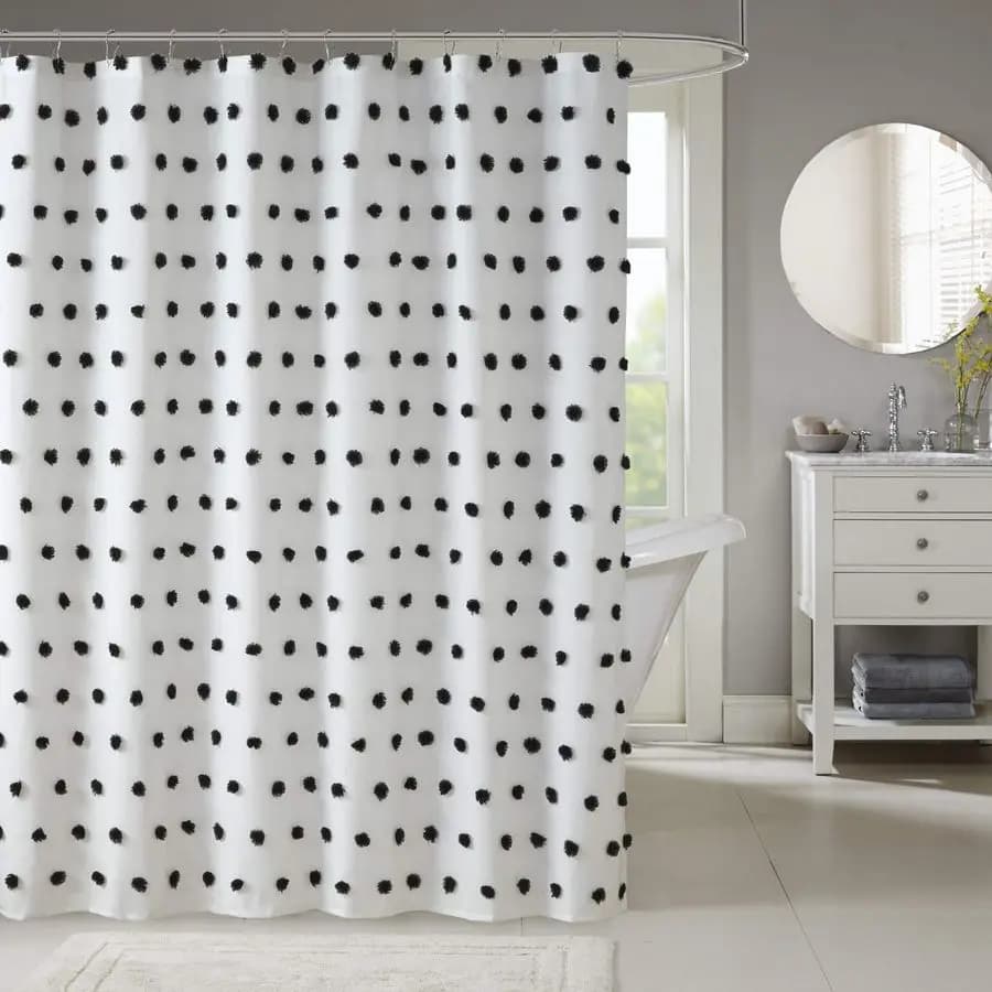 Tenda da doccia alla moda Sophie con accenti in pompon testurizzati, decorazione moderna per il bagno, schermo per la privacy del bagno lavabile in lavatrice, 72 pollici x