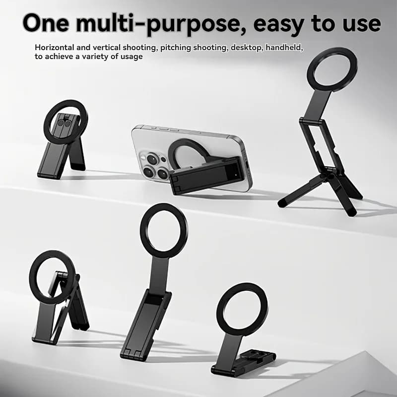 Magnetic Phone Tripod Stand Compatible for iPhone Smartphones, Foldable Base, Adjustable Phone Holder for Selfie Video Recording