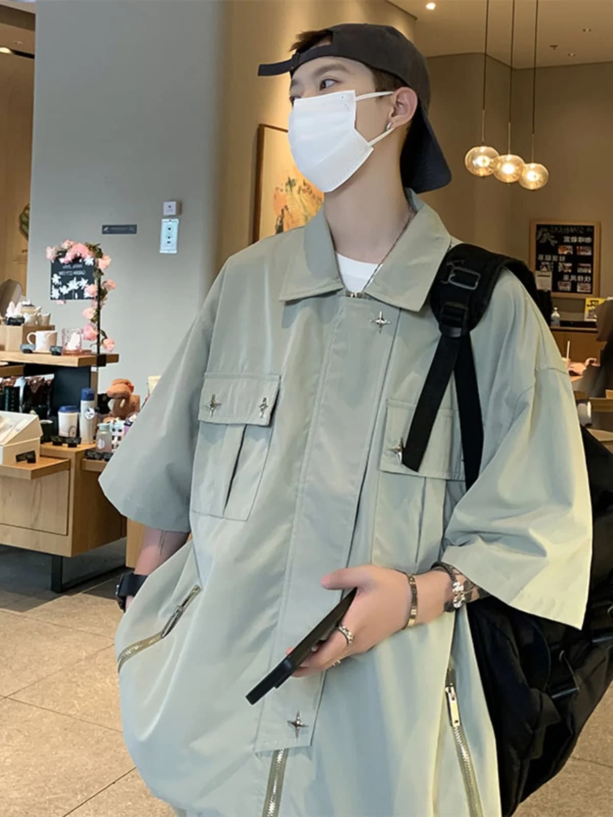 American Retro Zipper Short Sleeve Men's Shirt High Street Design Summer Trendy Oversize Shirt Jacket Loose Fit