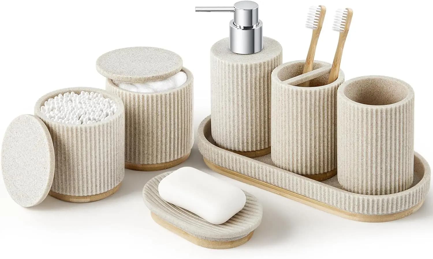 Set di 7 accessori per il bagno, con dispenser per sapone, porta bastoncini Q-tip, porta spazzolini, bicchiere, sapone